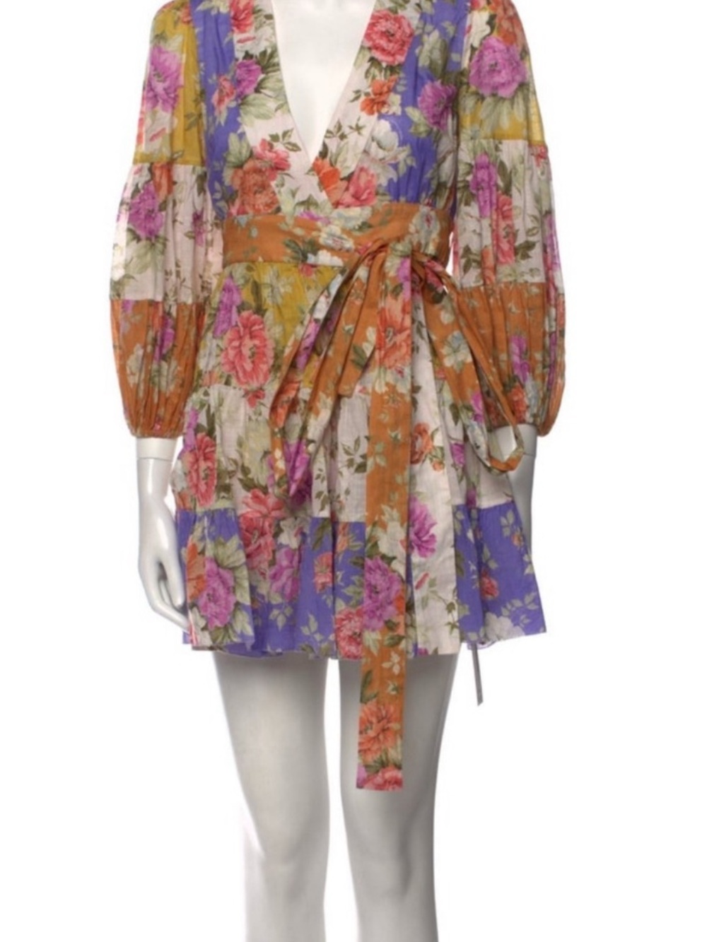 Zimmerman Floral Wrap Mini Dress in Purple, Orange & Cream